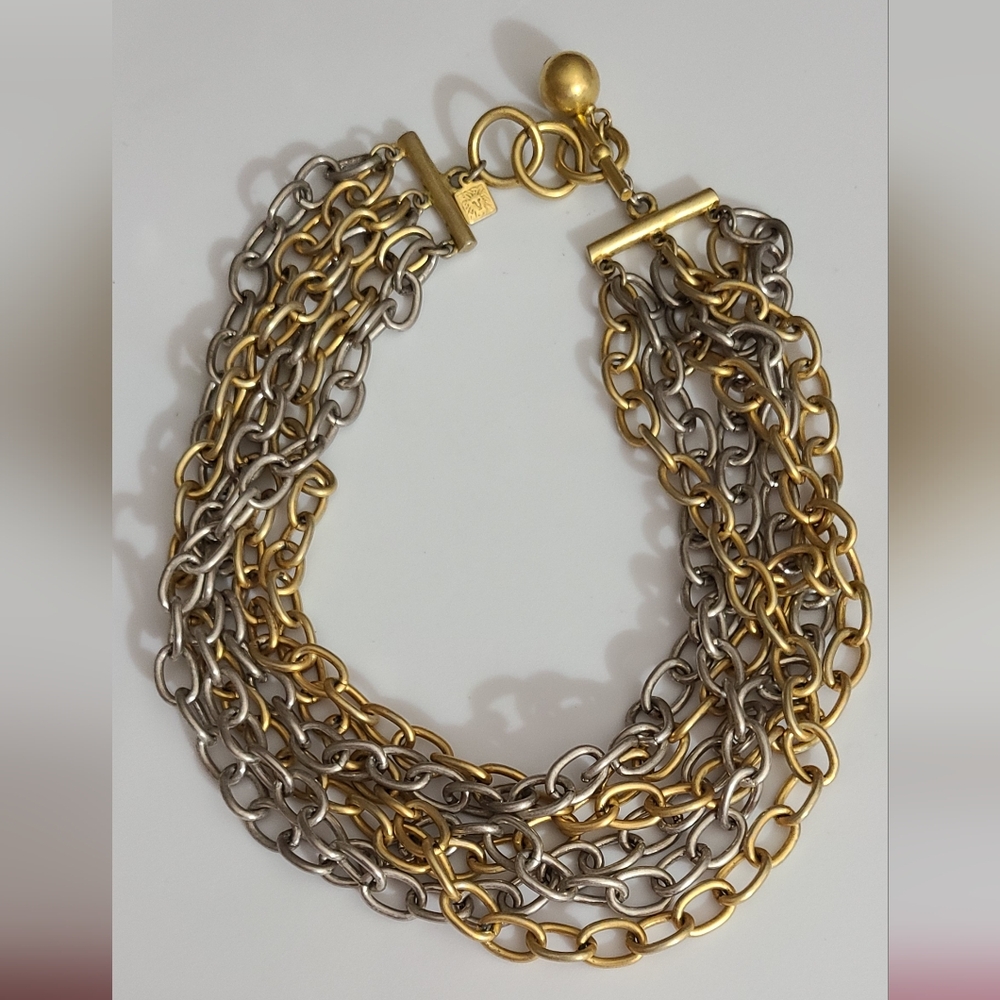 Vintage Anne Klein chain necklace statement gold silver toggle adjustable estate